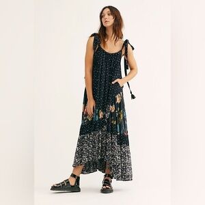 Free People Bare It All Low Back Tassel Maxi Dress in Black Mixed Floral